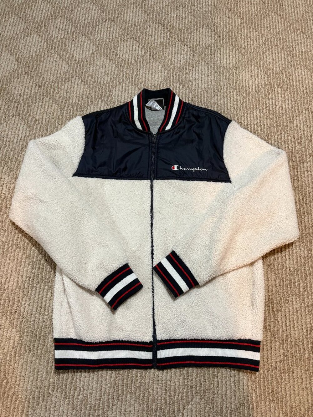CHAMPION ~ Logo Letterman Style  Fleece Jacket White/Navy ~ Size Medium